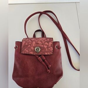 Liz Soto Leather Mini Backpack Crossbody Bag Floral Embossed Burgundy